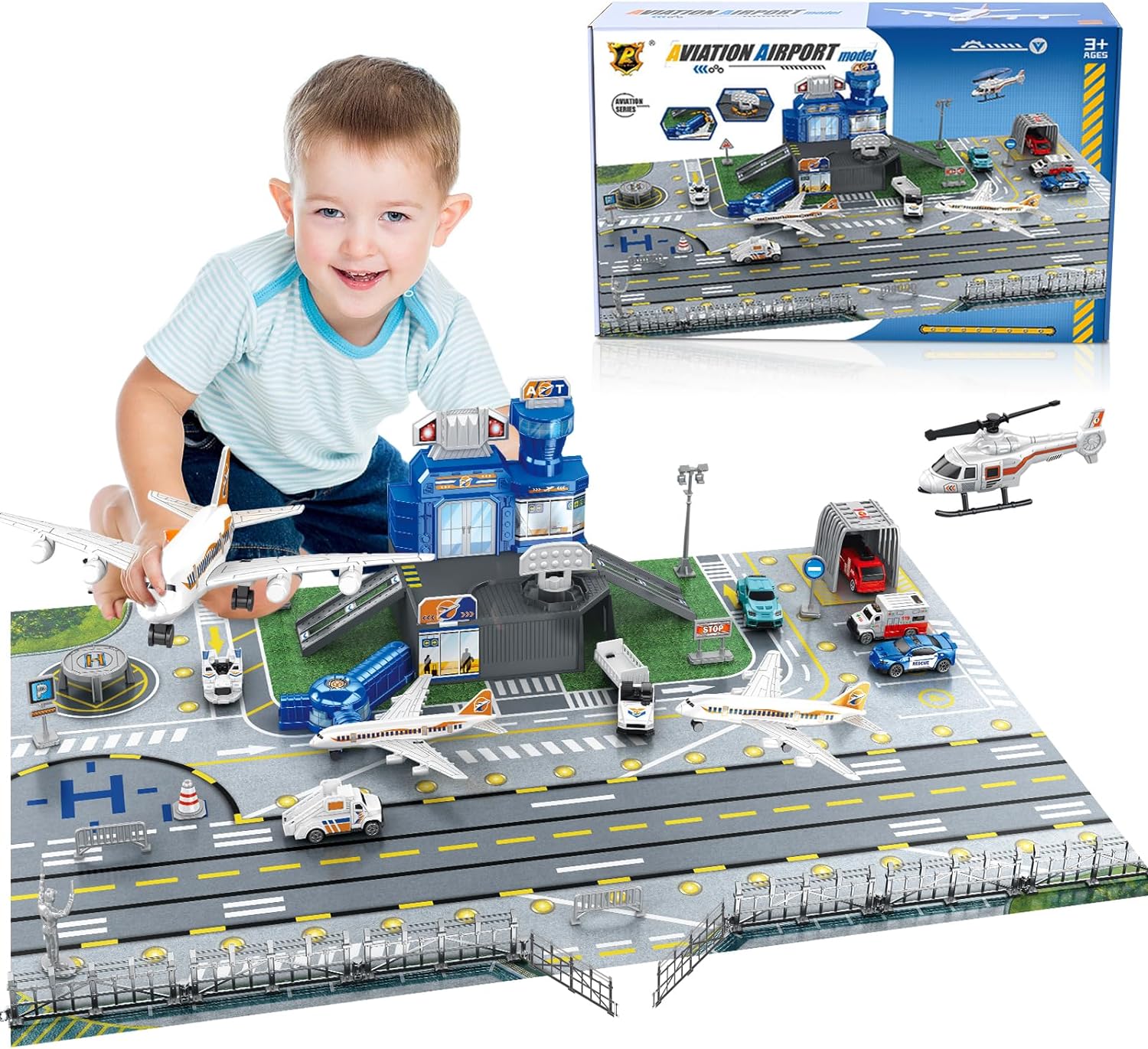 Model Kit Plane - Flughafen-Spielset für Kinder mit Auto, Hubschrauber,